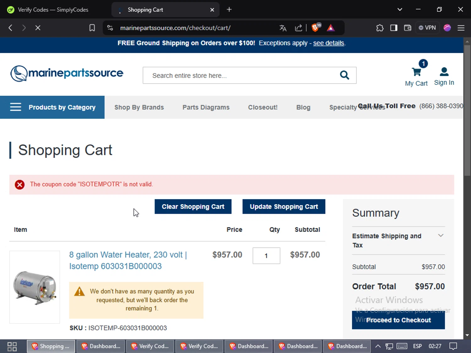 Marine Parts Source discount code screenshot showing code ISOTEMPOTR applied at Marine Parts Source checkout page. Uploaded by SimplyCodes community member Jsjsjsjsjsjsjs on Jan 31, 2025