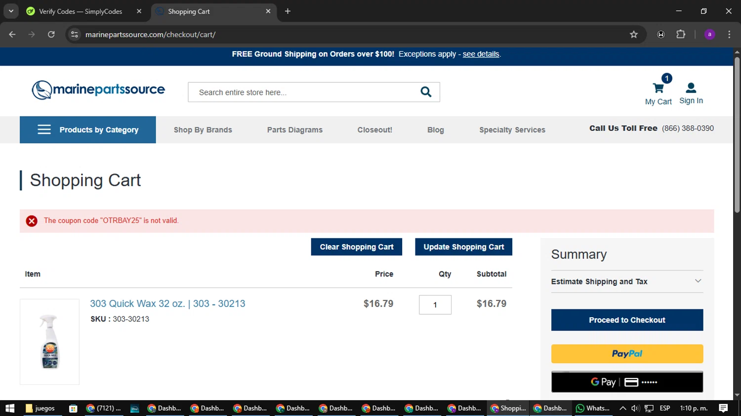 Marine Parts Source discount code screenshot showing code OTRBAY25 applied at Marine Parts Source checkout page. Uploaded by SimplyCodes community member CoinElite8997 on Mar 24, 2025