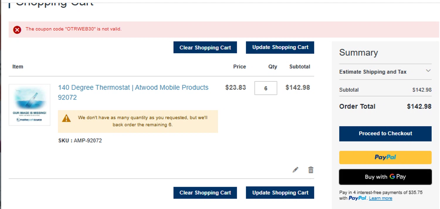 Marine Parts Source discount code screenshot showing code OTRWEB30 applied at Marine Parts Source checkout page. Uploaded by SimplyCodes community member Franyer12 on Jan 31, 2025