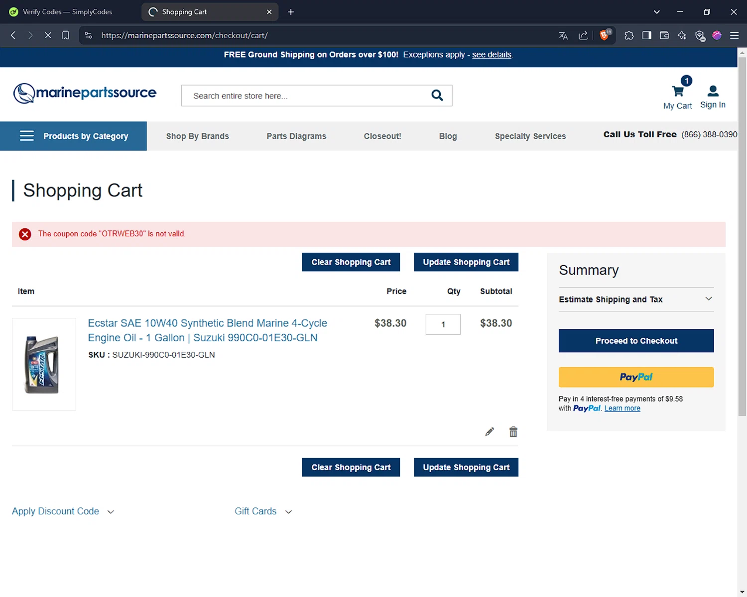 Marine Parts Source discount code screenshot showing code OTRWEB30 applied at Marine Parts Source checkout page. Uploaded by SimplyCodes community member Jsjsjsjsjsjsjs on Mar 10, 2025