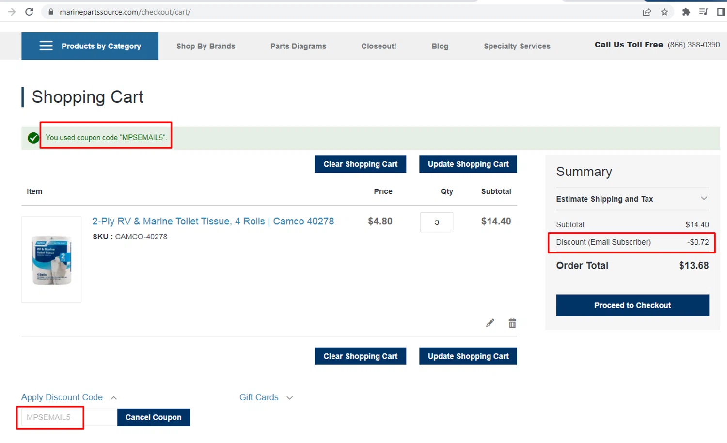 Marine Parts Source discount code screenshot showing code MPSEMAIL5 applied at Marine Parts Source checkout page. Uploaded by SimplyCodes community member nileskamarcano on Feb 5, 2026