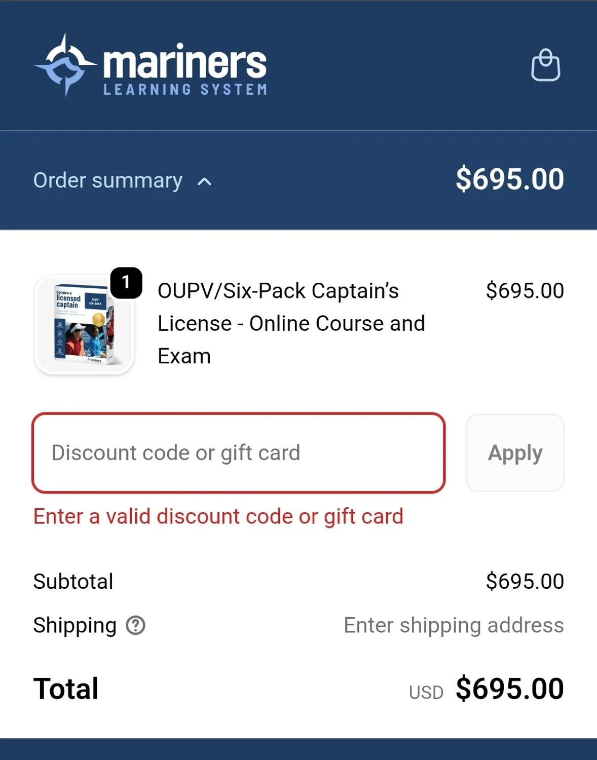 Mariners School promo code screenshot showing code GOALS40 applied at Mariners School checkout page. Uploaded by SimplyCodes community member WiseCaptain5299 on Jan 27, 2026