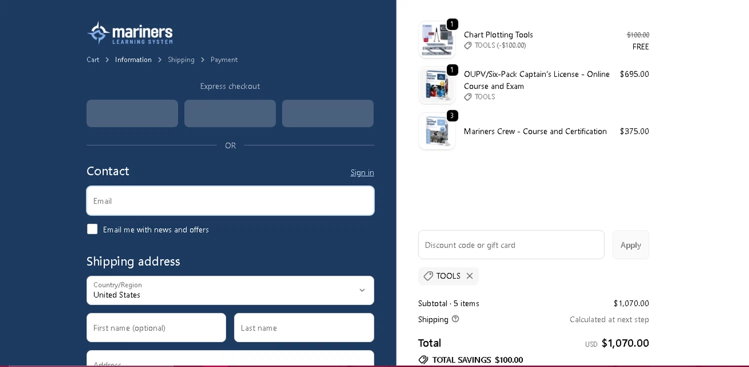 Mariners School promo code screenshot showing code TOOLS applied at Mariners School checkout page. Uploaded by SimplyCodes community member beatrizcastillo on Jun 2, 2026