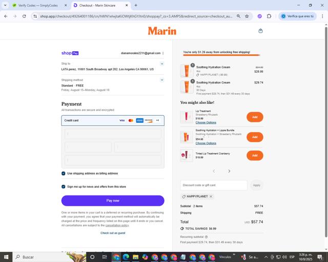 Marin Skincare checkout page showing Marin Skincare discount code box | Screenshot taken by SimplyCodes community member on Aug 10, 2025