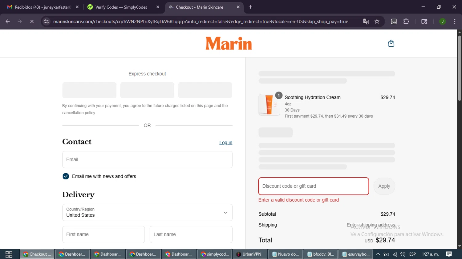 Marin Skincare promo code screenshot showing code HAPPYPLANET applied at Marin Skincare checkout page. Uploaded by SimplyCodes community member SmartLion6646 on Aug 29, 2025