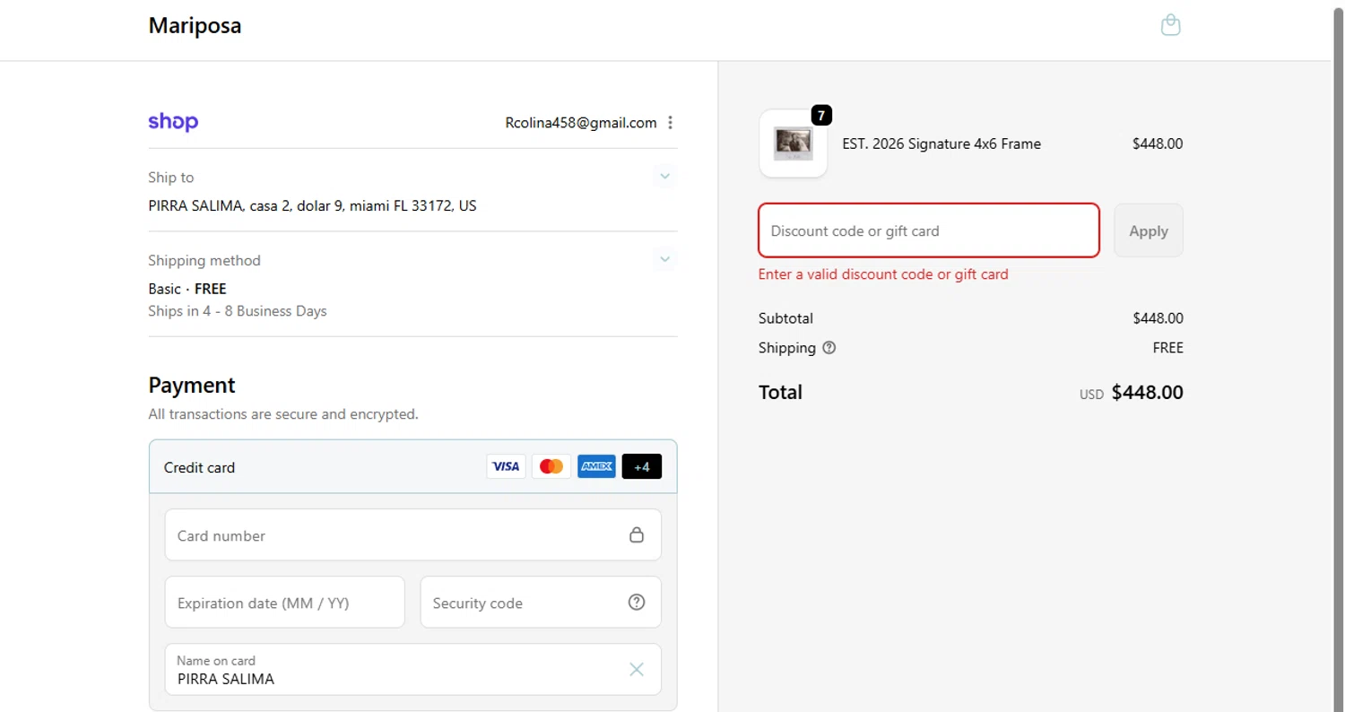 Mariposa promo code screenshot showing code GIVING applied at Mariposa checkout page. Uploaded by SimplyCodes community member Acidwire on Oct 22, 2025