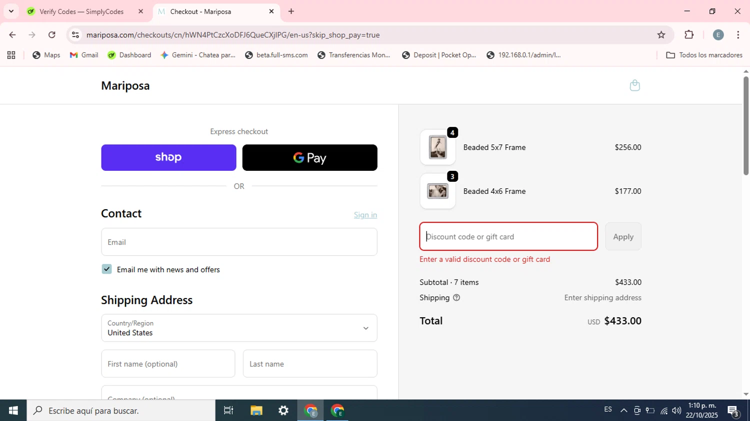 Mariposa promo code screenshot showing code GIVING applied at Mariposa checkout page. Uploaded by SimplyCodes community member Esteban on Oct 22, 2025
