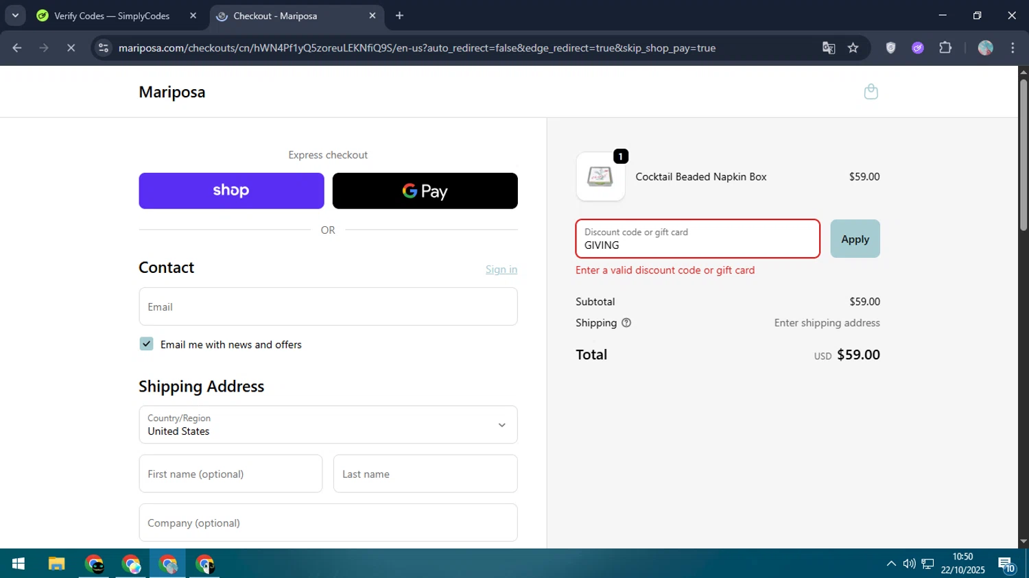 Mariposa promo code screenshot showing code GIVING applied at Mariposa checkout page. Uploaded by SimplyCodes community member LegendaryPro7106 on Oct 22, 2025