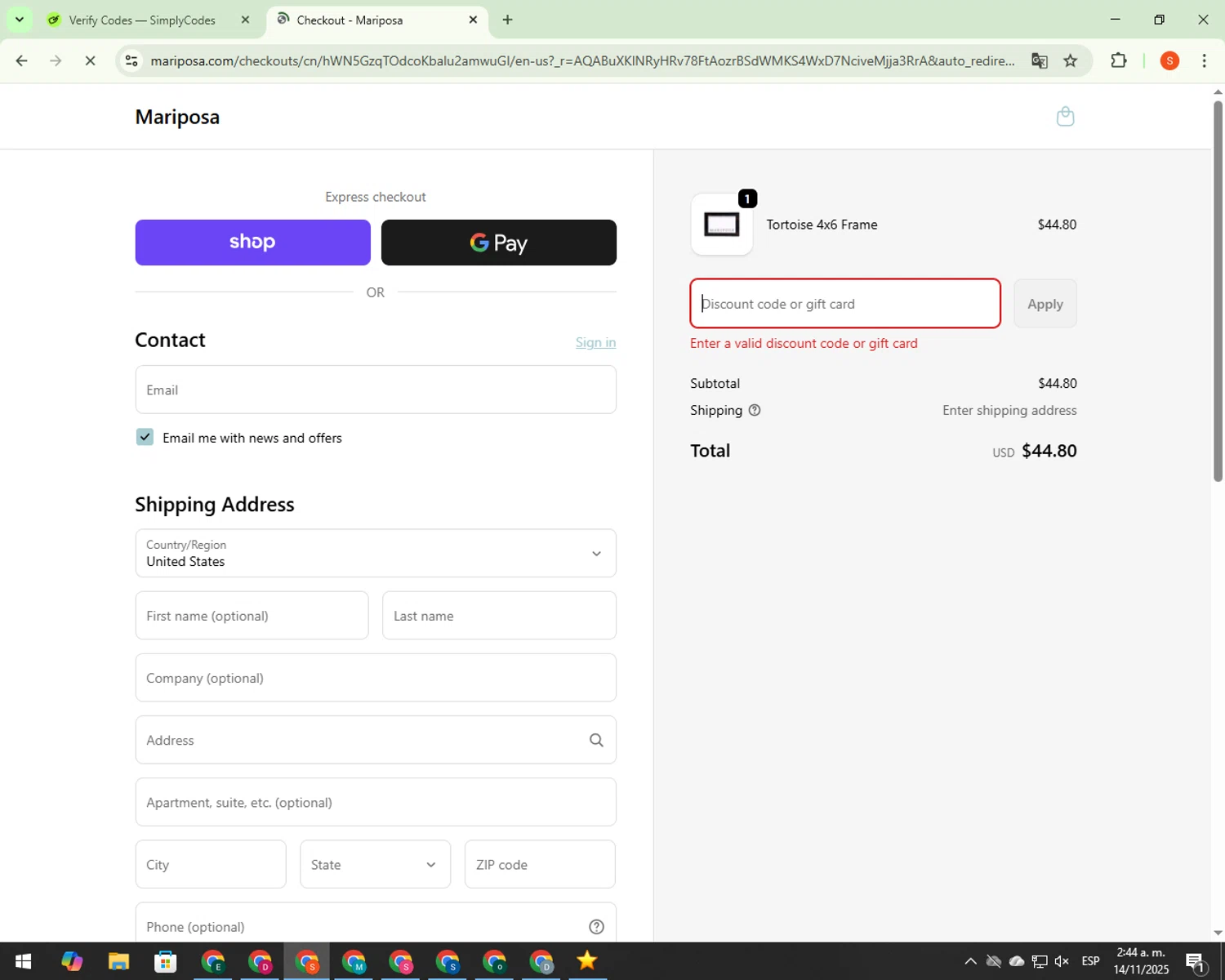 Mariposa promo code screenshot showing code SAVE25 applied at Mariposa checkout page. Uploaded by SimplyCodes community member CrownBoss9623 on Nov 14, 2025