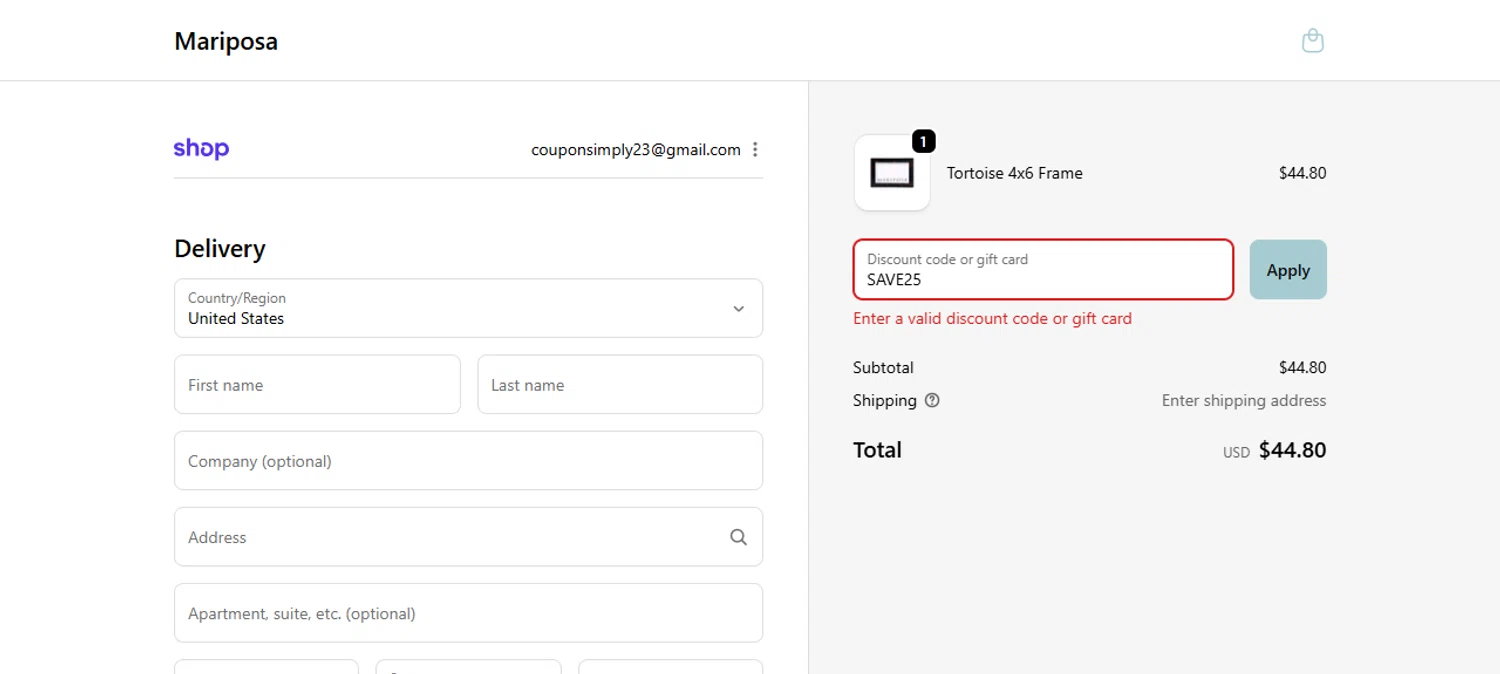 Mariposa promo code screenshot showing code SAVE25 applied at Mariposa checkout page. Uploaded by SimplyCodes community member IsabellaMillan on Nov 14, 2025