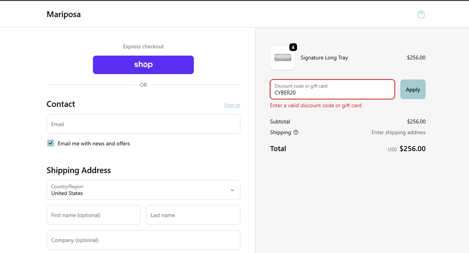 Mariposa promo code screenshot showing code CYBER20 applied at Mariposa checkout page. Uploaded by SimplyCodes community member _Flash_ on Dec 4, 2025