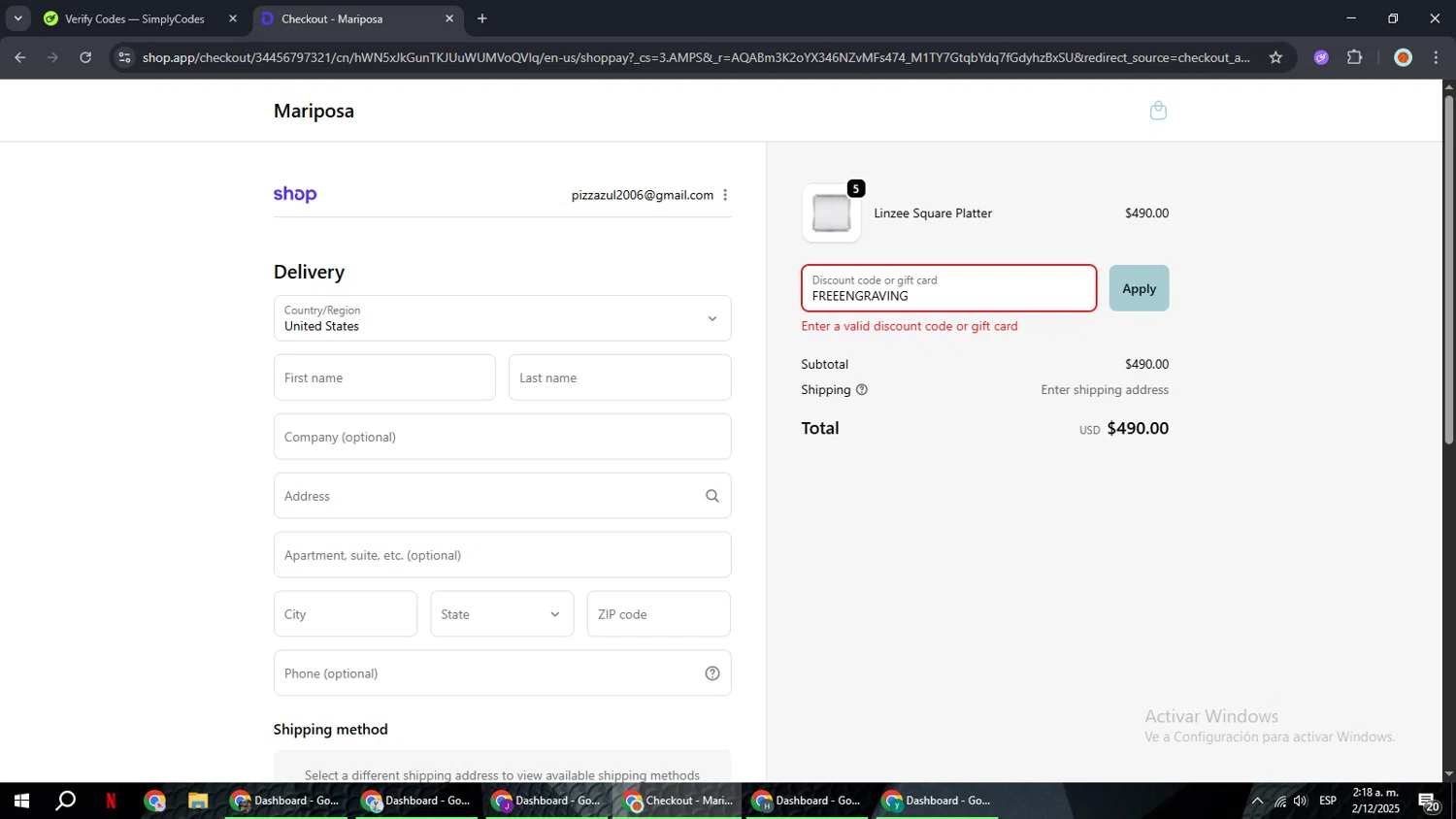 Mariposa promo code screenshot showing code FREEENGRAVING applied at Mariposa checkout page. Uploaded by SimplyCodes community member BonusCaptain9927 on Dec 2, 2025