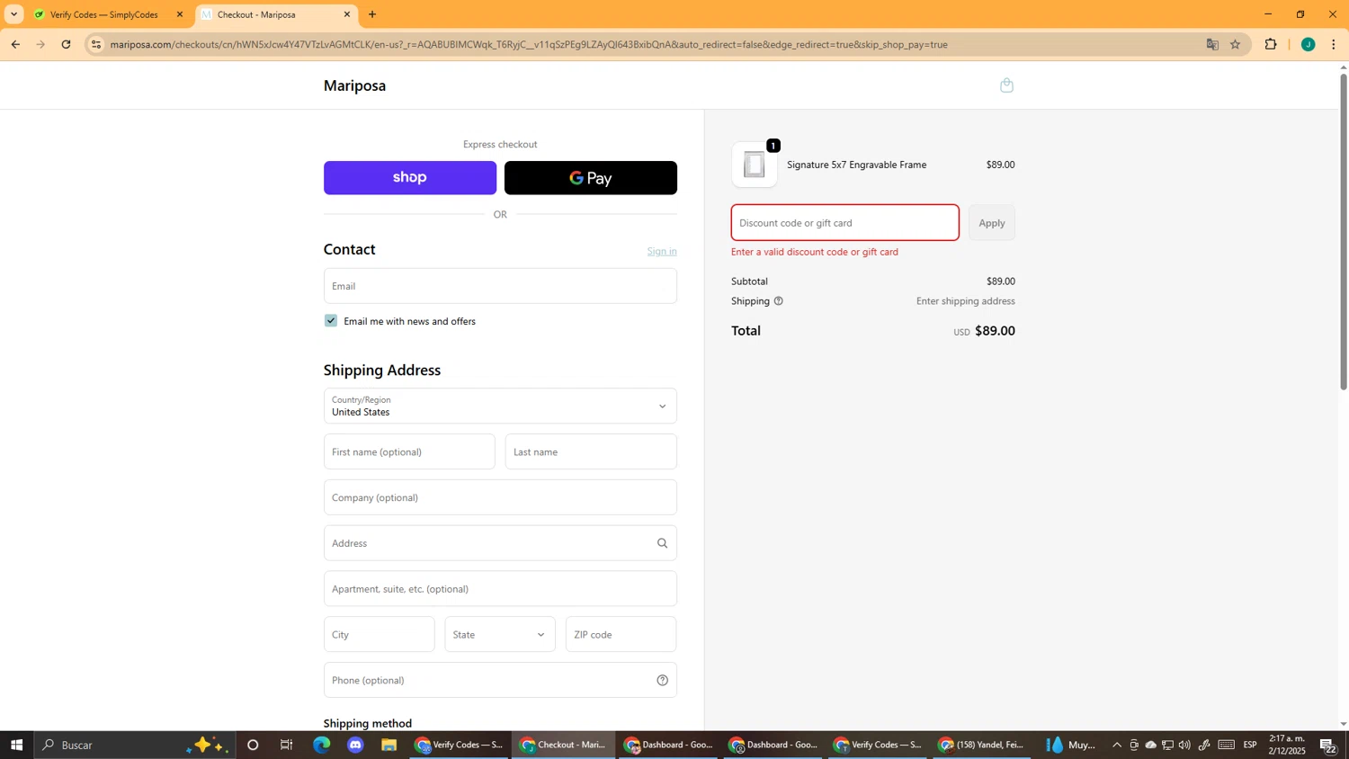 Mariposa promo code screenshot showing code FREEENGRAVING applied at Mariposa checkout page. Uploaded by SimplyCodes community member DealScout5970 on Dec 2, 2025