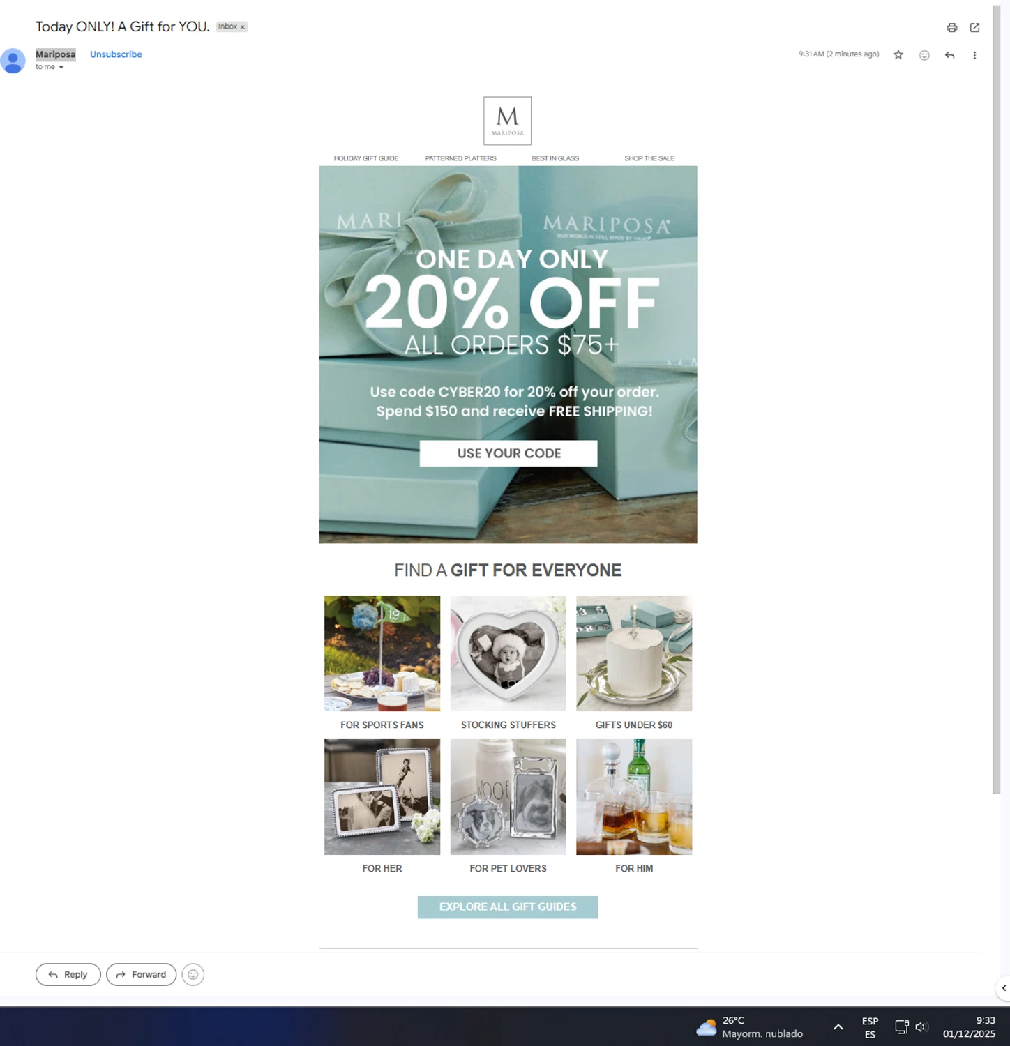 Mariposa promo code screenshot showing code CYBER20 applied at Mariposa checkout page. Uploaded by SimplyCodes community member UnkNownVnzla on Dec 1, 2025