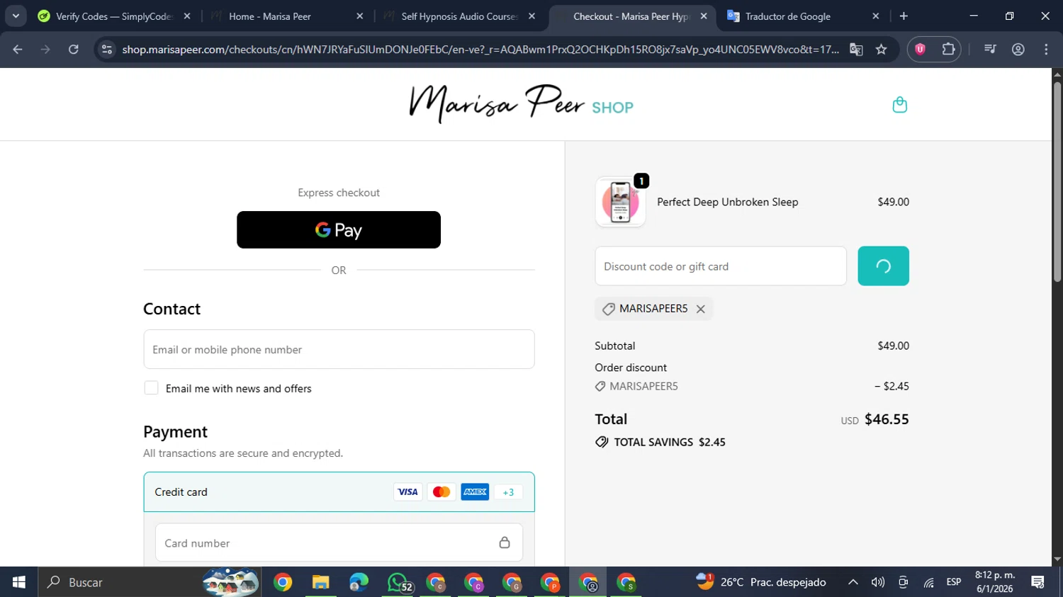 Marisa Peer (US & CA) promo code screenshot showing code MARISAPEER5 applied at Marisa Peer (US & CA) checkout page. Uploaded by SimplyCodes community member GloriousDefender7889 on Jan 7, 2026