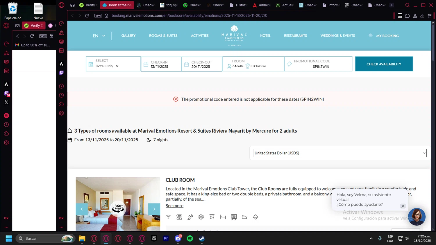 Marival promo code screenshot showing code SPIN2WIN applied at Marival checkout page. Uploaded by SimplyCodes community member leonardocamacho2 on Oct 18, 2025