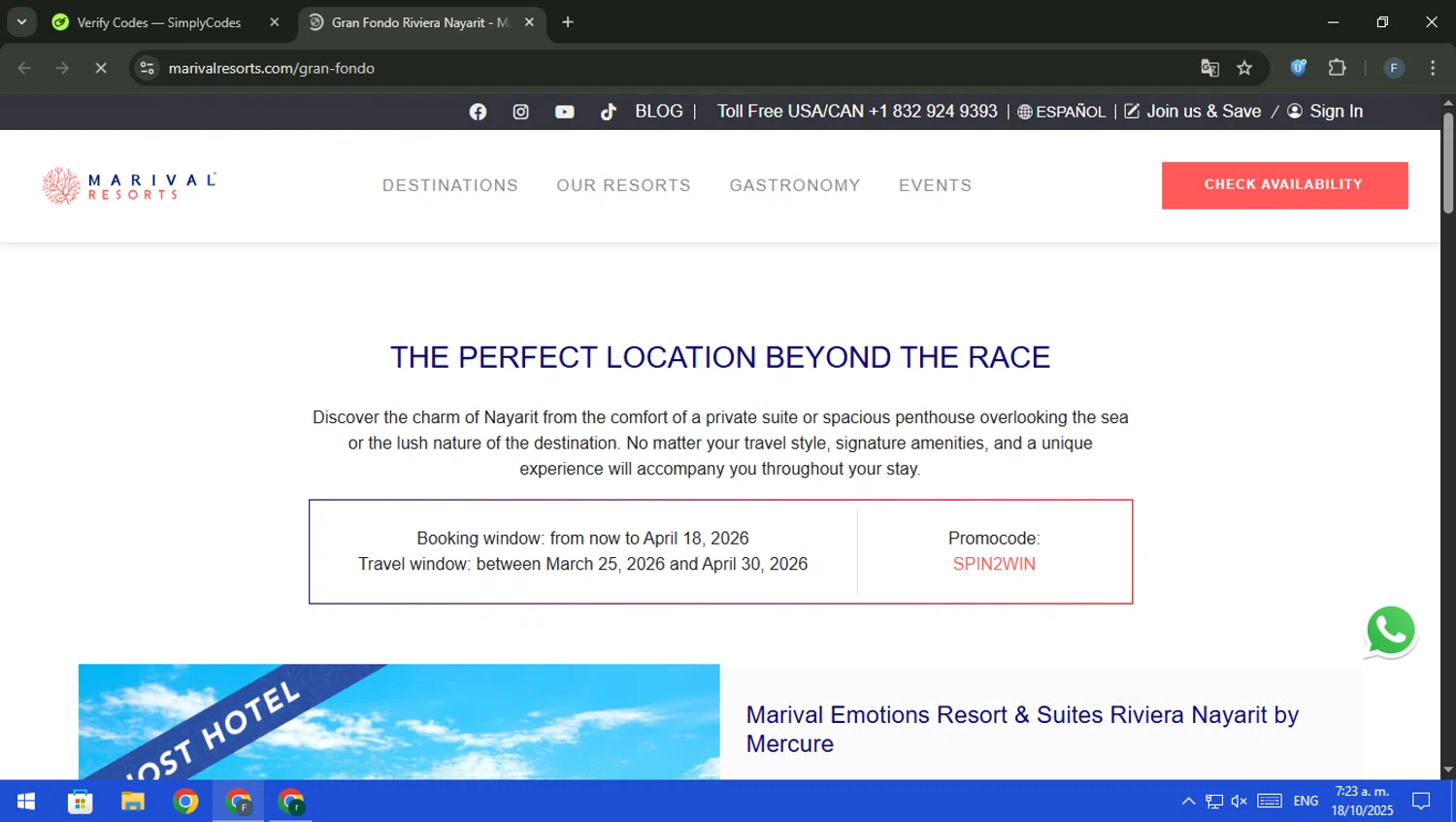 Marival promo code screenshot showing code SPIN2WIN applied at Marival checkout page. Uploaded by SimplyCodes community member pajarito on Oct 18, 2025
