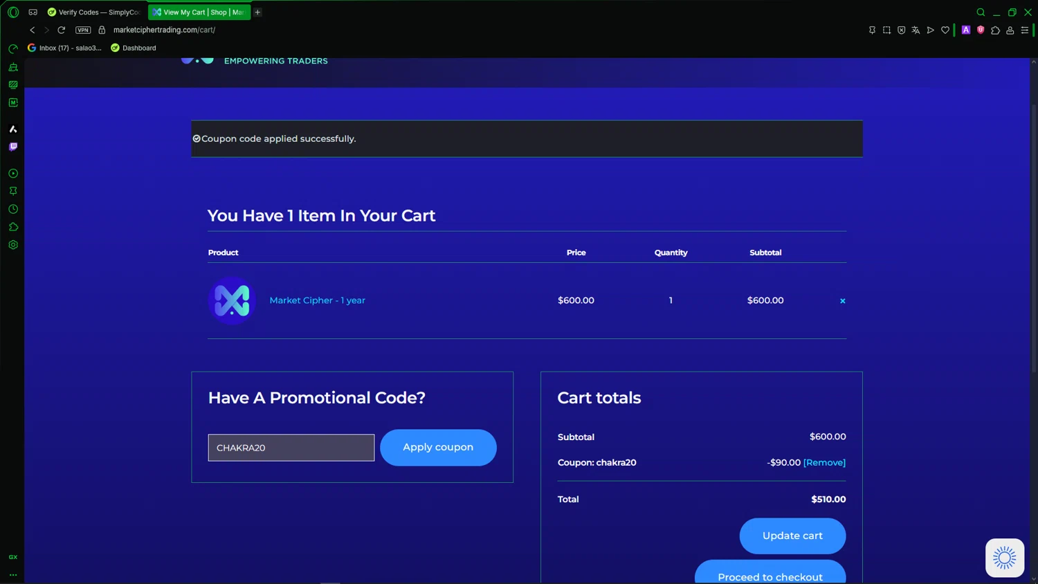 Market Cipher promo code screenshot showing code CHAKRA20 applied at Market Cipher checkout page. Uploaded by SimplyCodes community member LegendaryCaptain2435 on Mar 1, 2026