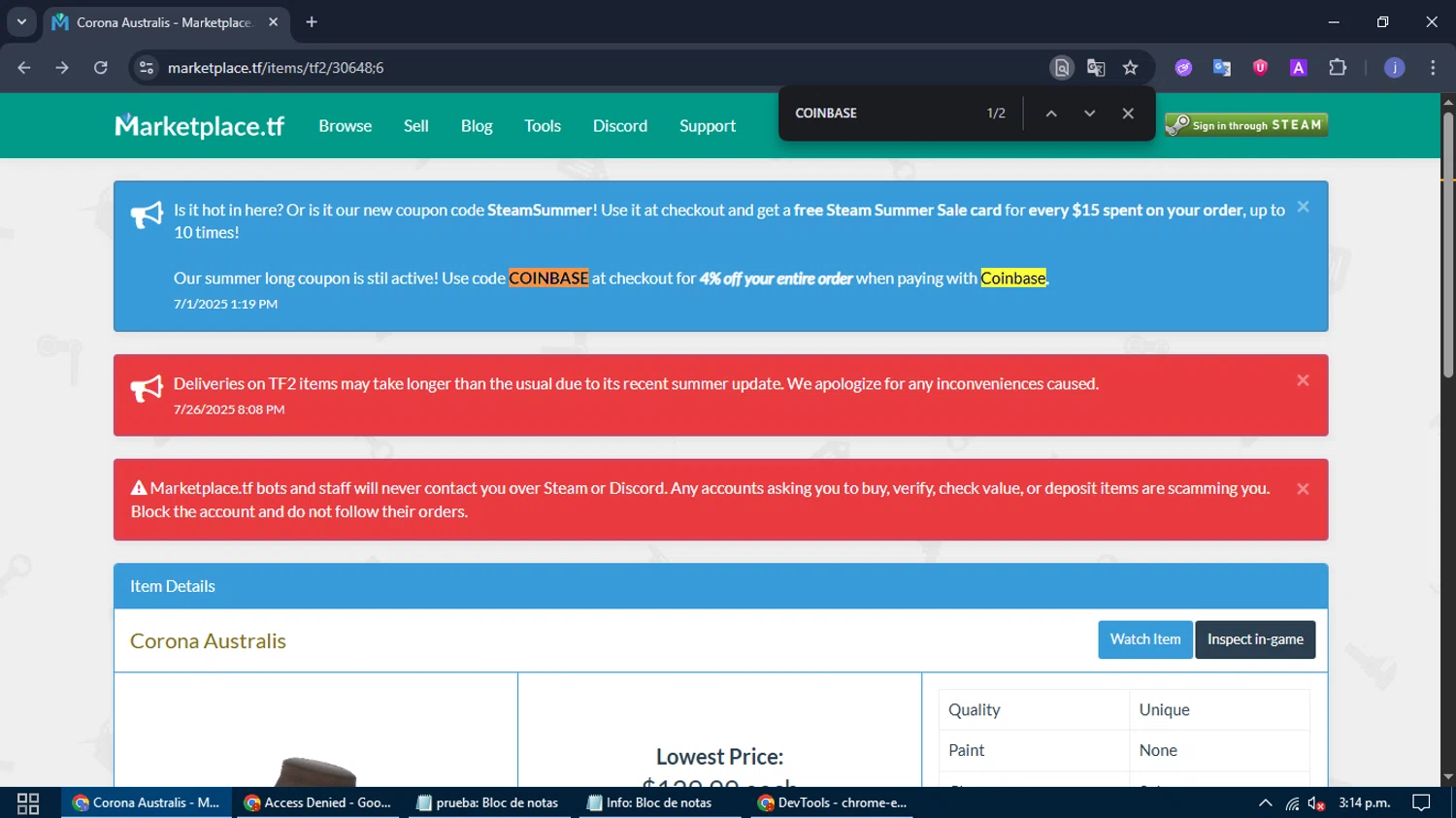 Marketplace.tf checkout page showing Marketplace.tf promo code box | Screenshot taken by SimplyCodes community member on Jul 30, 2025