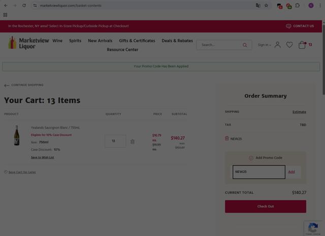 Marketview Liquor checkout page showing Marketview Liquor promo code box | Screenshot taken by SimplyCodes community member on Aug 31, 2025