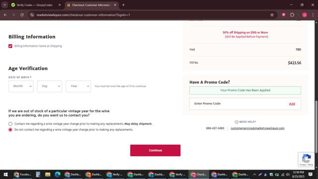 Marketview Liquor checkout page showing Marketview Liquor promo code box | Screenshot taken by SimplyCodes community member on Aug 25, 2025