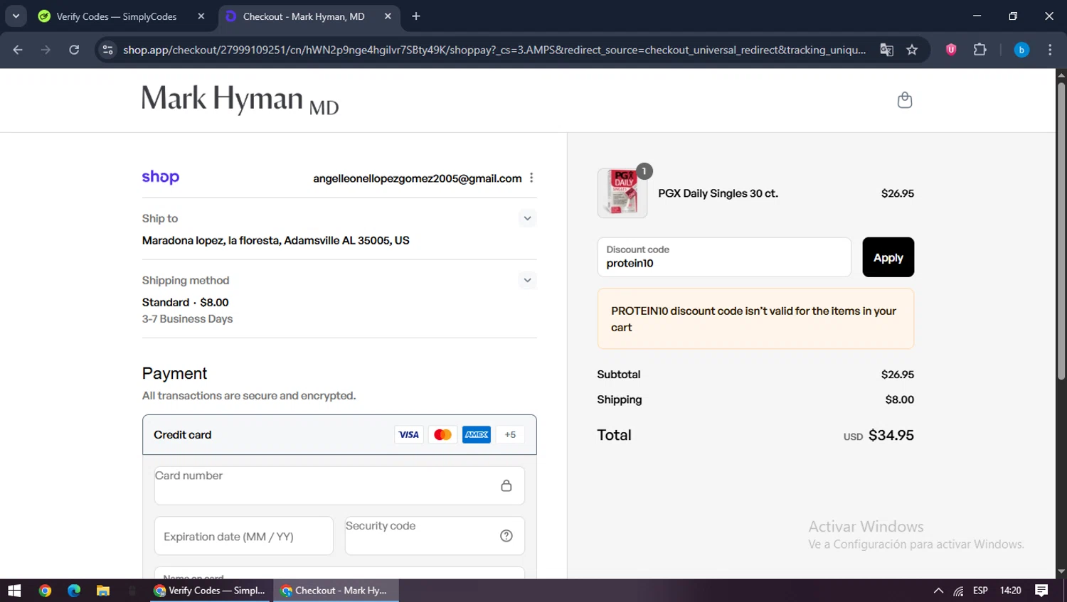 Mark Hyman discount code screenshot showing code protein10 applied at Mark Hyman checkout page. Uploaded by SimplyCodes community member bilijr on Sep 10, 2025