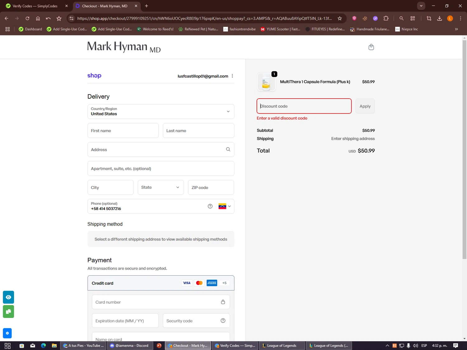 Mark Hyman discount code screenshot showing code HYMAN applied at Mark Hyman checkout page. Uploaded by SimplyCodes community member Alalee on Dec 24, 2025