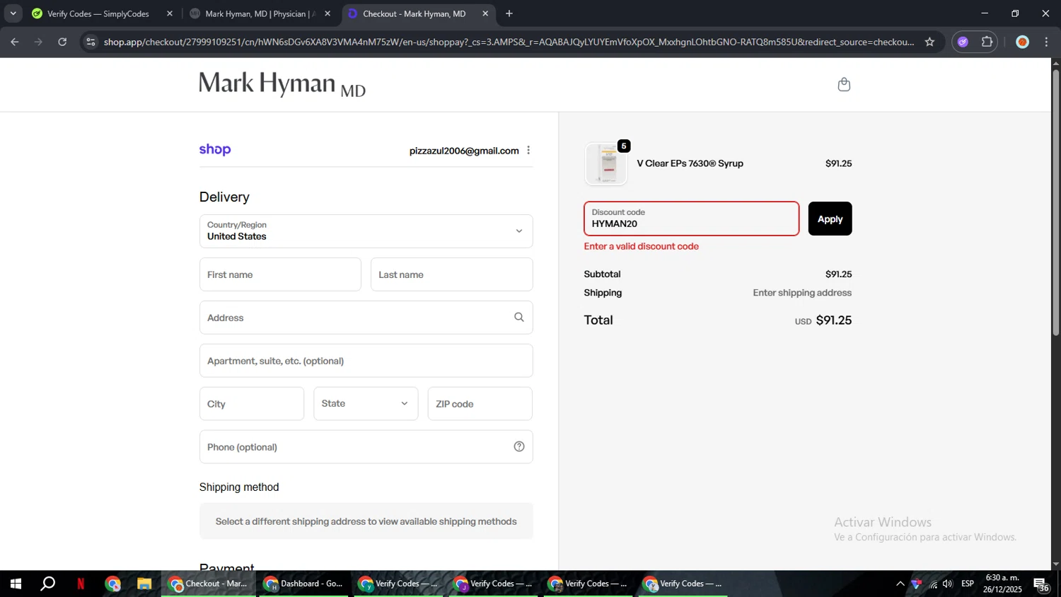 Mark Hyman discount code screenshot showing code HYMAN20 applied at Mark Hyman checkout page. Uploaded by SimplyCodes community member BonusCaptain9927 on Dec 26, 2025