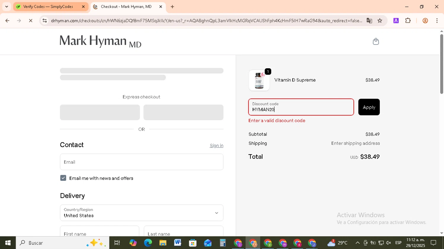 Mark Hyman discount code screenshot showing code HYMAN20 applied at Mark Hyman checkout page. Uploaded by SimplyCodes community member RebateCollector5909 on Dec 29, 2025