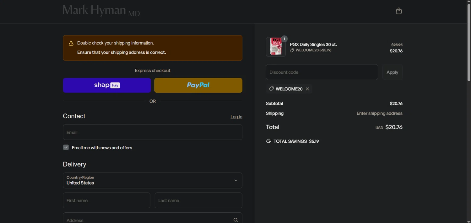 Mark Hyman discount code screenshot showing code WELCOME20 applied at Mark Hyman checkout page. Uploaded by SimplyCodes community member Ray_YNN on Apr 14, 2025