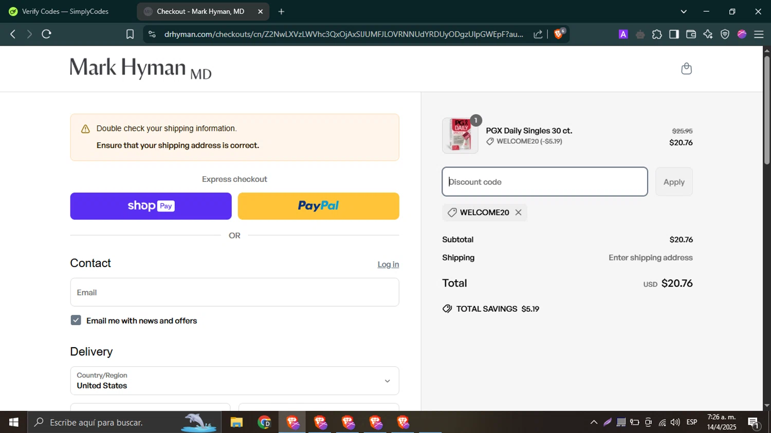 Mark Hyman discount code screenshot showing code WELCOME20 applied at Mark Hyman checkout page. Uploaded by SimplyCodes community member TokenTitan4464 on Apr 14, 2025
