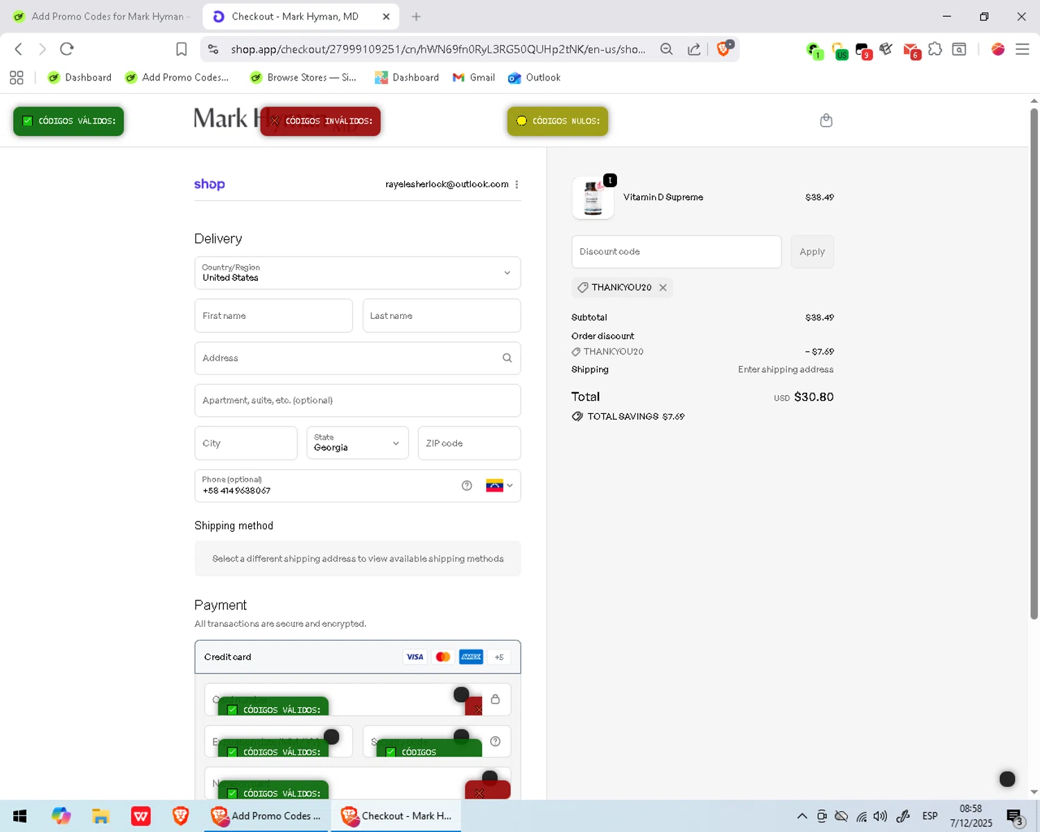 Mark Hyman discount code screenshot showing code THANKYOU20 applied at Mark Hyman checkout page. Uploaded by SimplyCodes community member Wukong on Dec 7, 2025