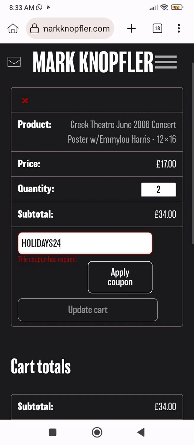 Mark Knopfler discount code screenshot showing code HOLIDAYS24 applied at Mark Knopfler checkout page. Uploaded by SimplyCodes community member Hanamichi on Jan 3, 2025