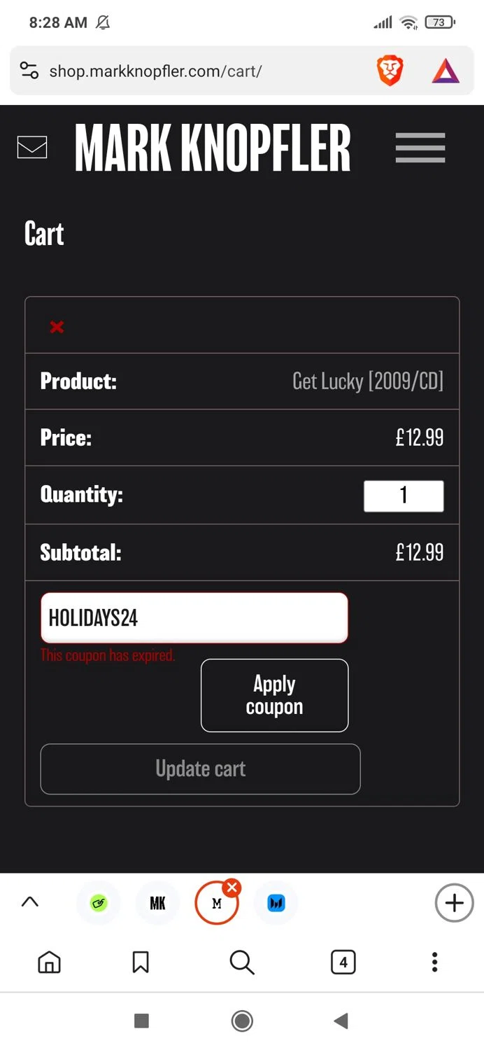 Mark Knopfler discount code screenshot showing code HOLIDAYS24 applied at Mark Knopfler checkout page. Uploaded by SimplyCodes community member ibelongtojesus on Jan 3, 2025