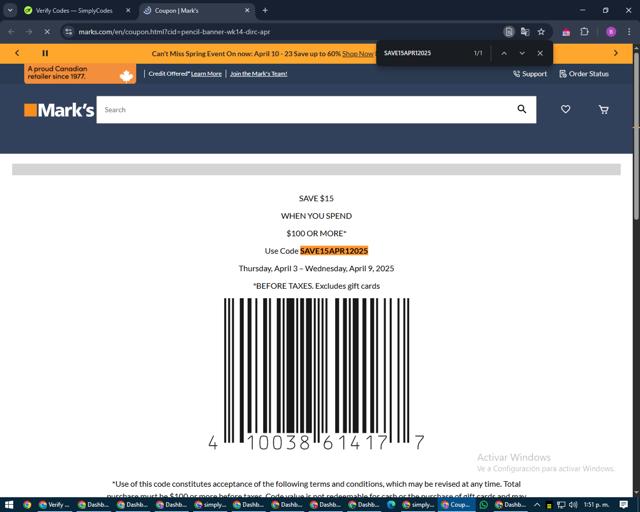 Mark's checkout page showing Mark's promo code box | Screenshot taken by SimplyCodes community member on Apr 18, 2025
