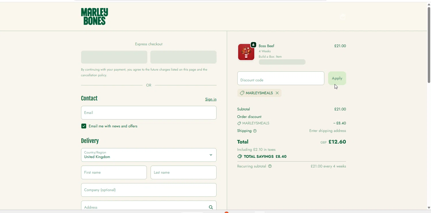 Marleybones promo code screenshot showing code MARLEYSMEALS applied at Marleybones checkout page. Uploaded by SimplyCodes community member ELTOROQUERALES on Apr 10, 2026