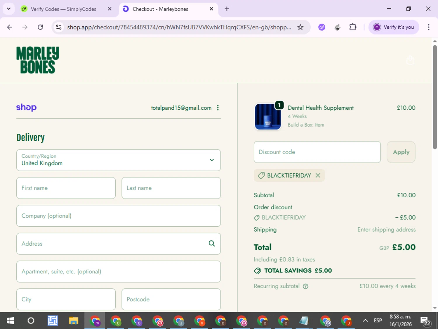 Marleybones checkout page showing Marleybones promo code box | Screenshot taken by SimplyCodes community member on Jan 16, 2026