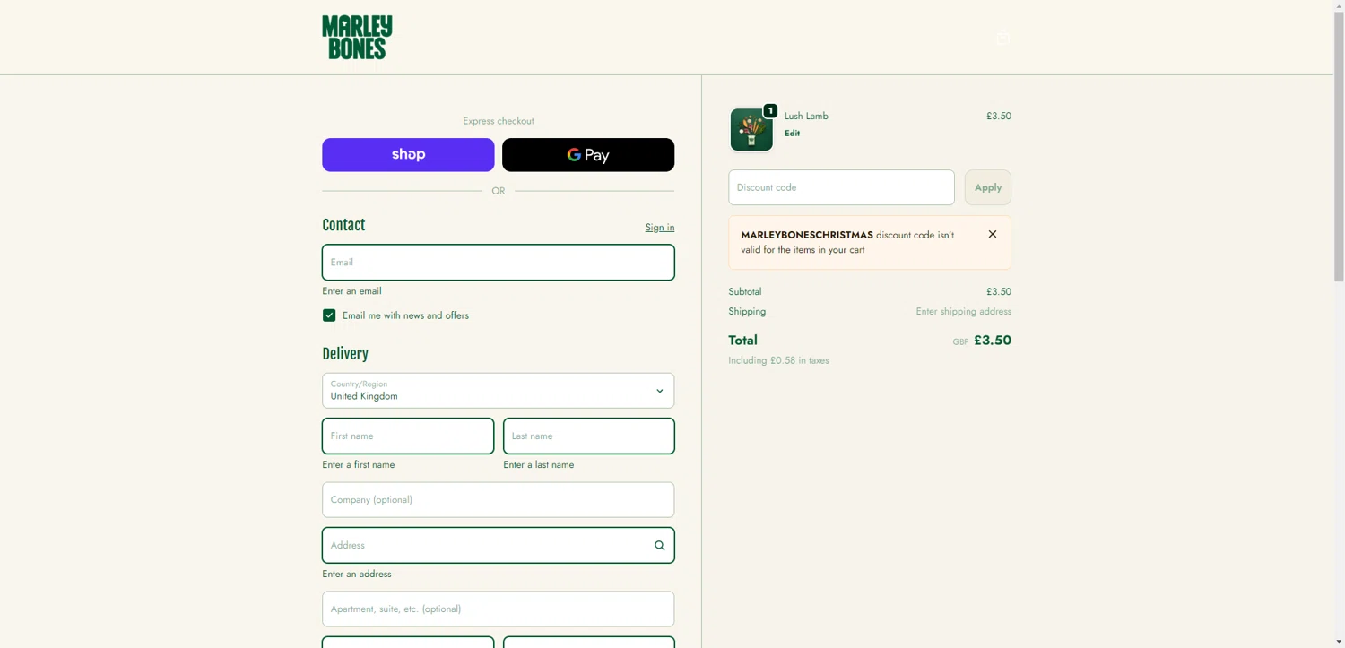 Marleybones promo code screenshot showing code MARLEYBONESCHRISTMAS applied at Marleybones checkout page. Uploaded by SimplyCodes community member CrownWhiz8114 on Dec 22, 2025
