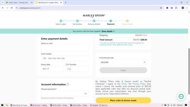 Martha & Marley Spoon checkout page showing Martha & Marley Spoon promo code box | Screenshot taken by SimplyCodes community member on Aug 23, 2025