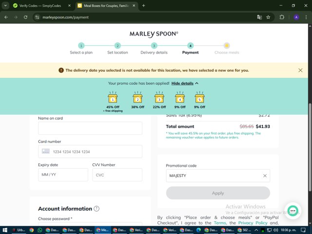 Martha & Marley Spoon checkout page showing Martha & Marley Spoon promo code box | Screenshot taken by SimplyCodes community member on Jul 8, 2025