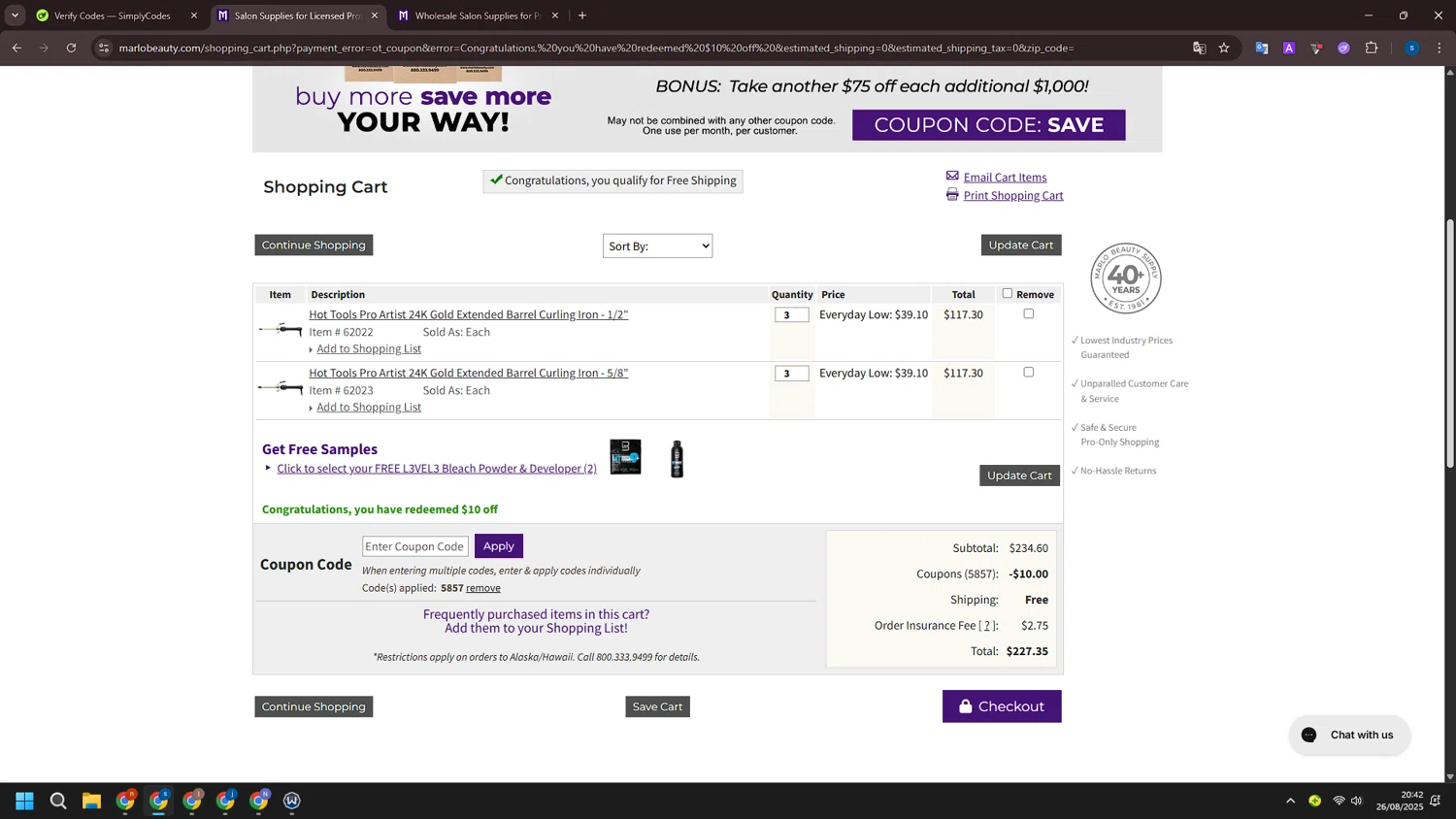 Marlo Beauty Supply promo code screenshot showing code 5857 applied at Marlo Beauty Supply checkout page. Uploaded by SimplyCodes community member ExtraordinarySleuth4345 on Aug 27, 2025