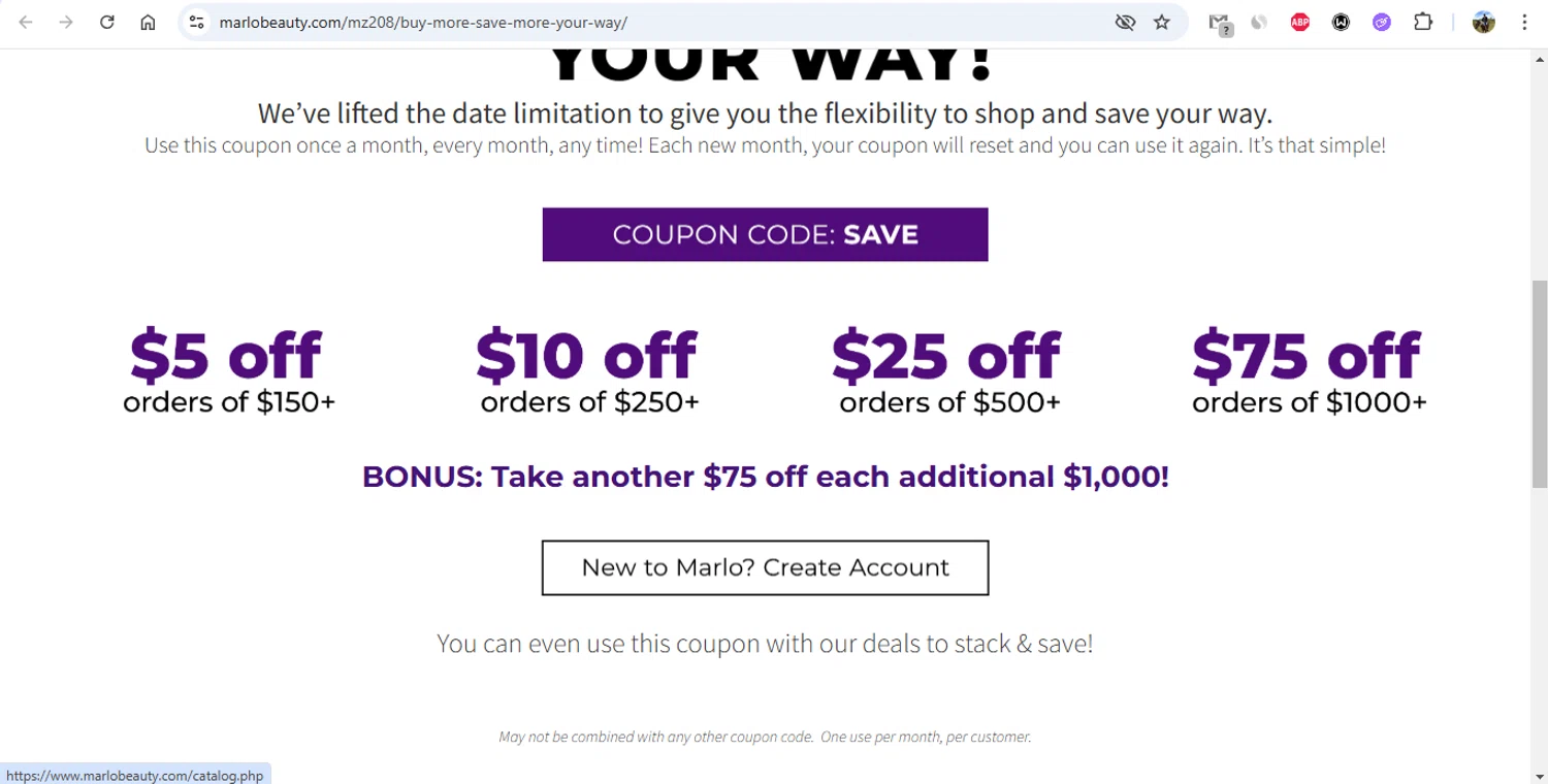 Marlo Beauty Supply promo code screenshot showing code SAVE applied at Marlo Beauty Supply checkout page. Uploaded by SimplyCodes community member gonzalodamole on Feb 11, 2025