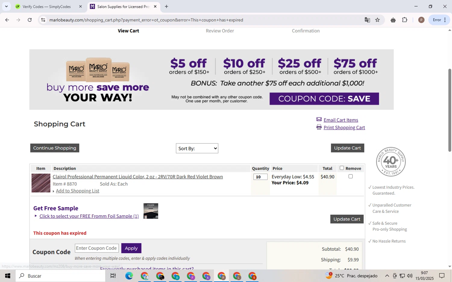 Marlo Beauty Supply promo code screenshot showing code LASHDAY applied at Marlo Beauty Supply checkout page. Uploaded by SimplyCodes community member RoyalSleuth6331 on Mar 15, 2025