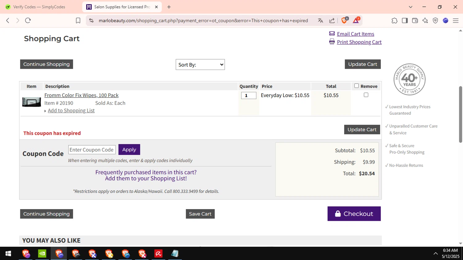 Marlo Beauty Supply promo code screenshot showing code FROMM20 applied at Marlo Beauty Supply checkout page. Uploaded by SimplyCodes community member DiscountTiger7630 on May 12, 2025