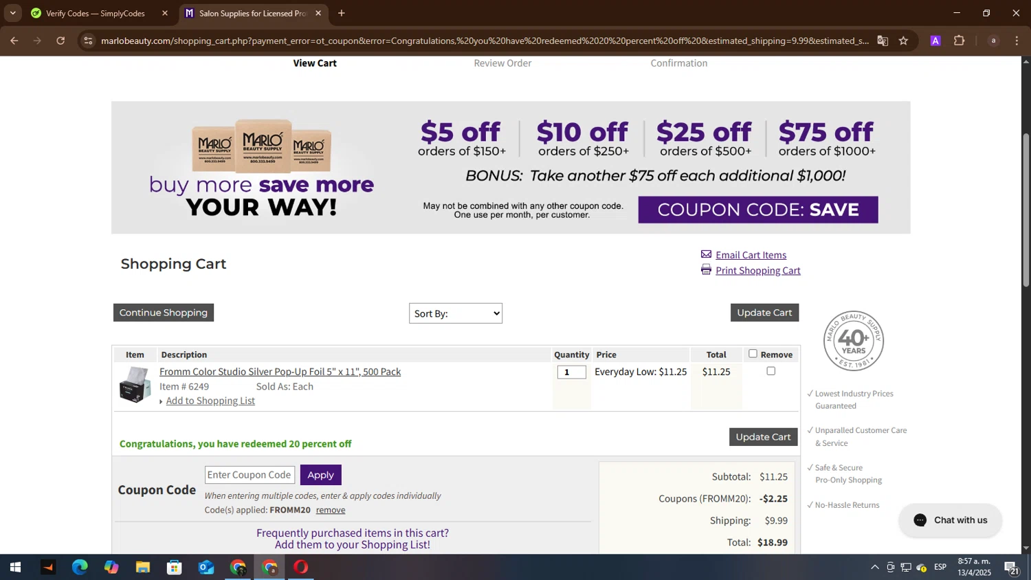 Marlo Beauty Supply promo code screenshot showing code FROMM20 applied at Marlo Beauty Supply checkout page. Uploaded by SimplyCodes community member lisandro on Apr 13, 2025