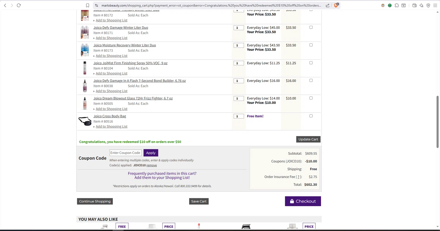 Marlo Beauty Supply checkout page showing Marlo Beauty Supply promo code box | Screenshot taken by SimplyCodes community member on Jan 2, 2026