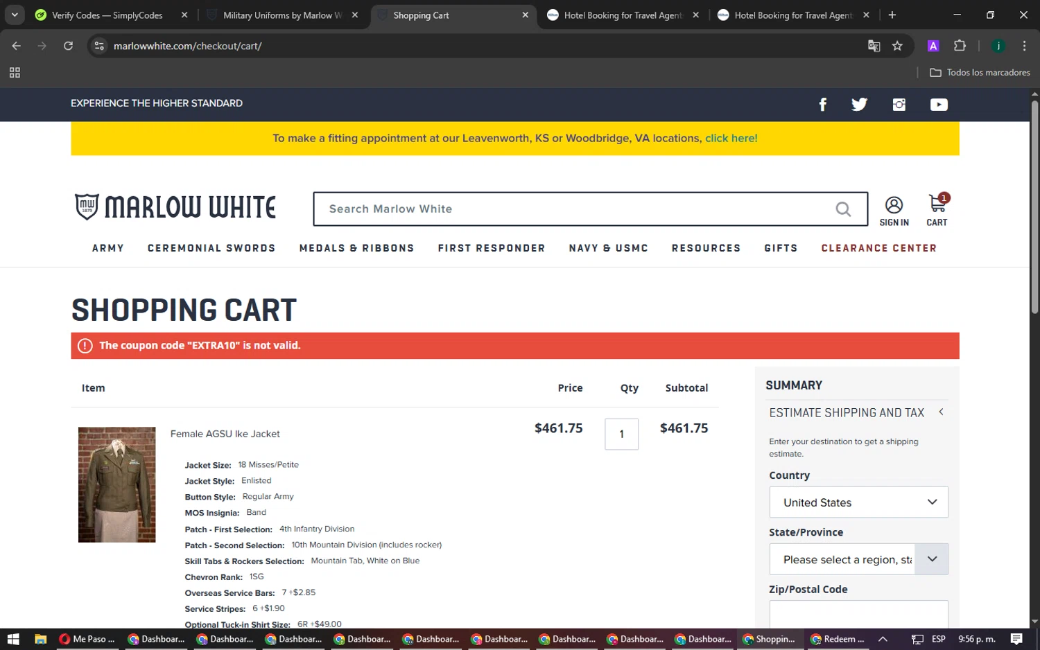 Marlow White Uniforms promo code screenshot showing code EXTRA10 applied at Marlow White Uniforms checkout page. Uploaded by SimplyCodes community member Noleimportaanadie on Mar 26, 2025