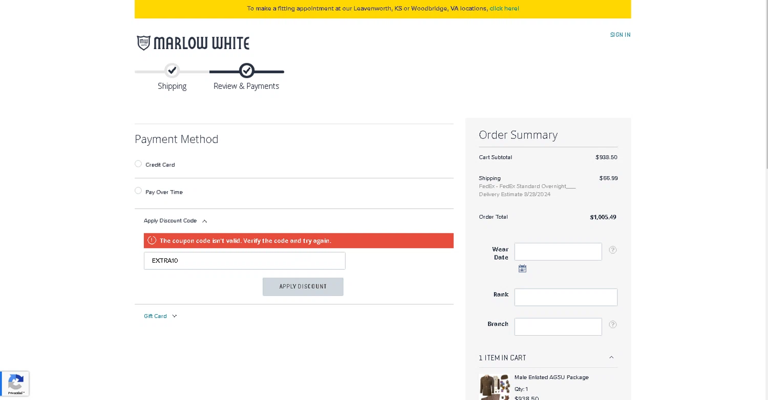 Marlow White Uniforms checkout page showing Marlow White Uniforms promo code box | Screenshot taken by SimplyCodes community member on Aug 21, 2024