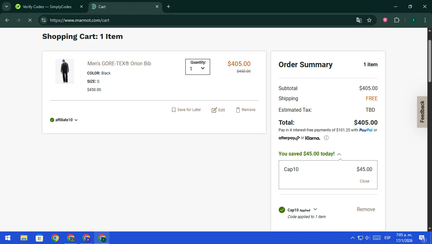 Marmot promo code screenshot showing code CAP10 applied at Marmot checkout page. Uploaded by SimplyCodes community member rodri1 on Jan 17, 2026