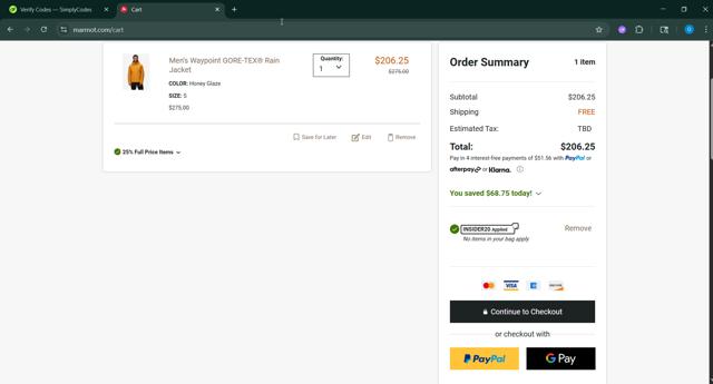 Marmot checkout page showing Marmot promo code box | Screenshot taken by SimplyCodes community member on Aug 27, 2025